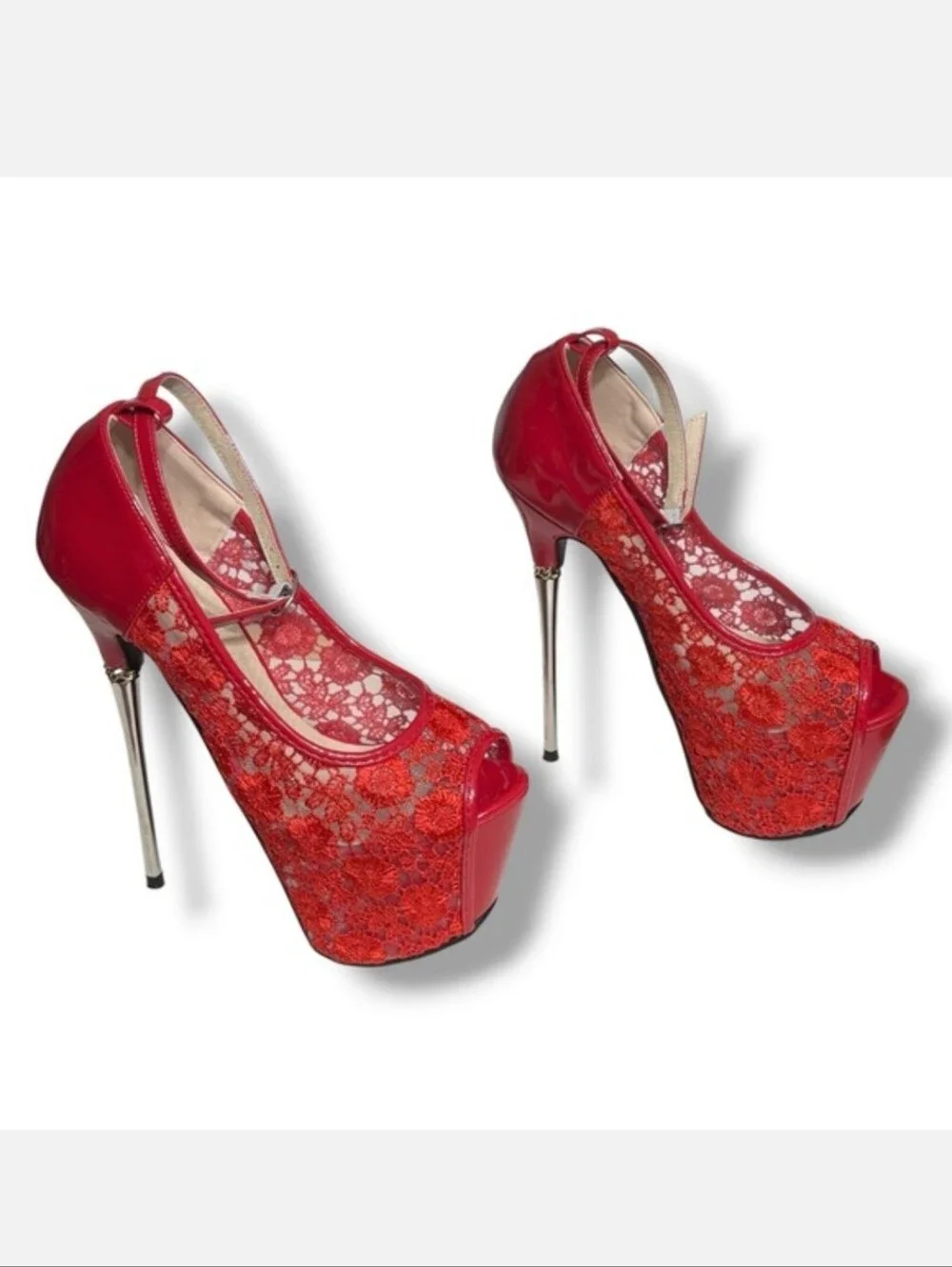 GETMOREBEAUTY Red Lace & Patent Leather Platform Stilettos Ankle Strap Size 36/6